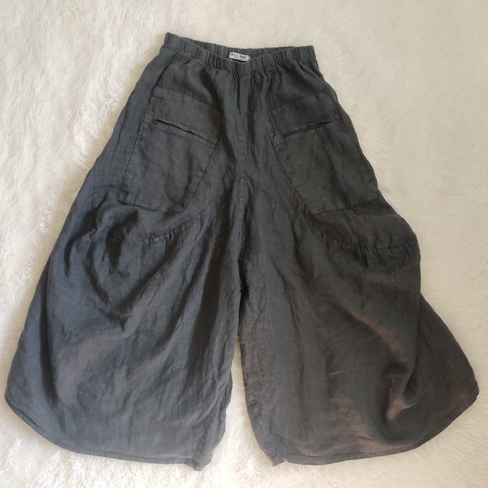 Meo Meli Made in Italy Linen Pants Baggy Boho Yoga Style Grey Wide Leg